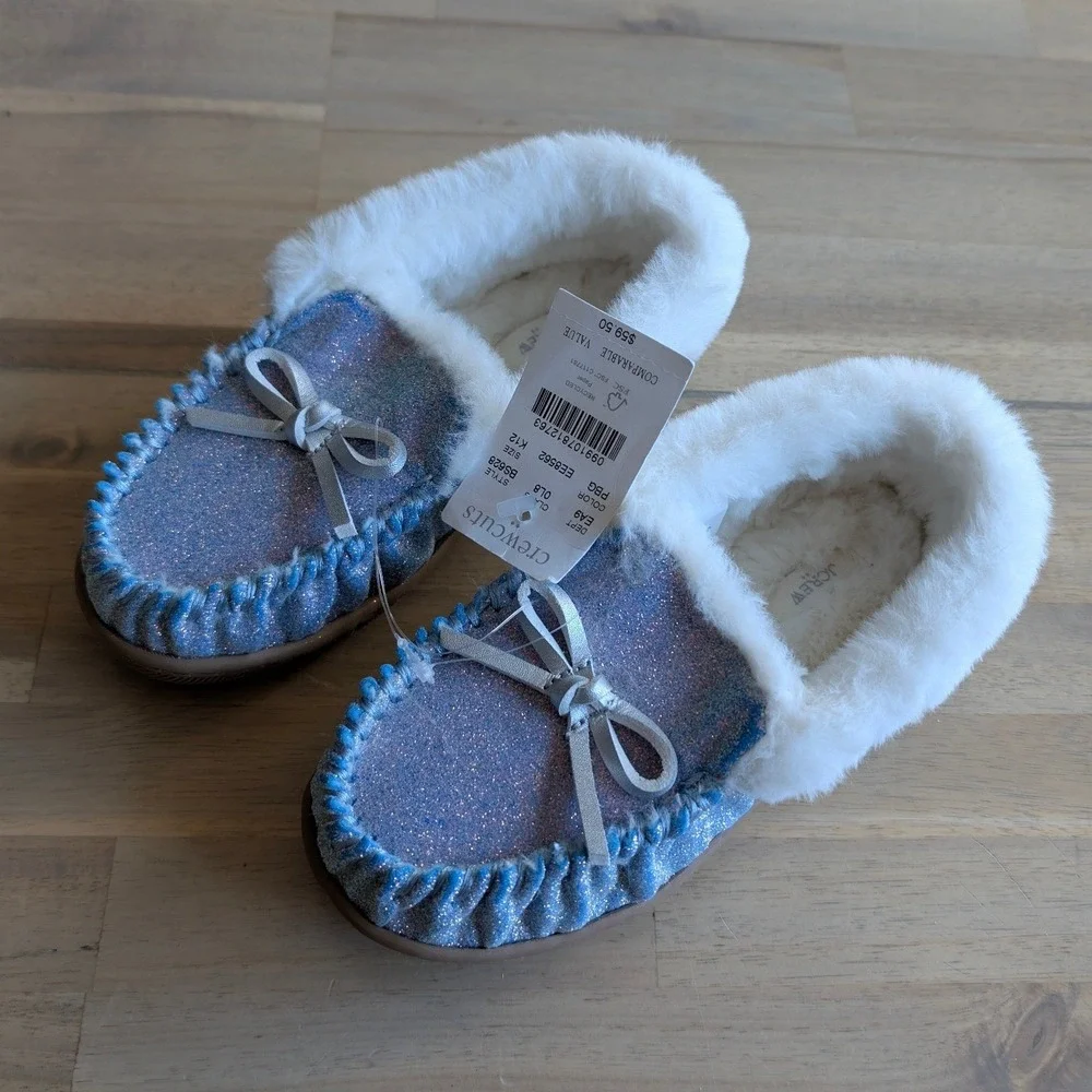 J.Crew Crewcuts Kids‎ Glitter Slippers Size K12 Blue White Faux Fur NEW!